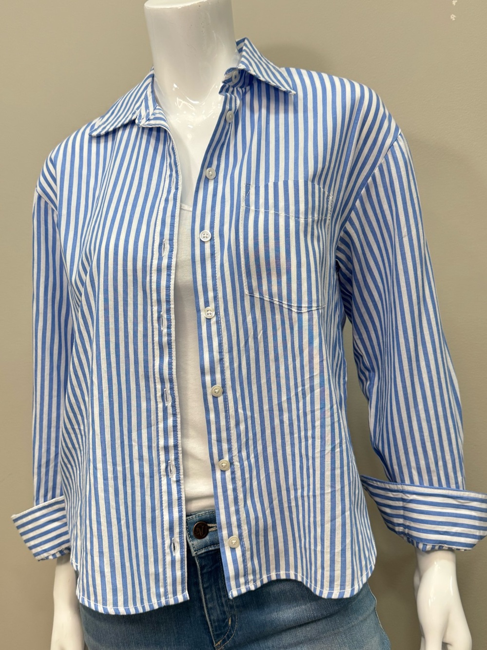 MAEVE Blue White Striped Button Down Shirt Oversized Cotton Blouse NWT XXS